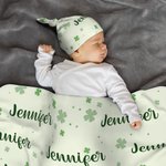 Personalized Four Leaf Clover Lucky Baby Swaddle Blanket Set with Name St. Patrick's Day Baby Shower Gift for Baby