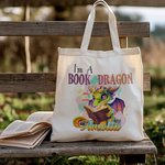 Personalisierte Ich bin ein Buch Drachen Cartoon Canvas Tragetasche mit bunten Namen Tote Bag Geburtstag Geschenk für Leser Drachenliebhaber