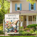 Personalized Welcome to Spring Garden Flag with Name Little Gnome Yard Porch Decoration Housewarming Holiday Gift for Gardening Lovers Goblin Fans