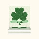 Personalisierte vierblättrige Kleeblatt Kleeblatt keltischen Knoten Untersetzer mit Namen Satz von 2 St. Patrick's Day Geschenk für Familie