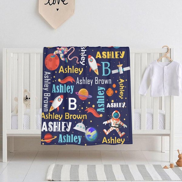 Manta de forro polar personalizada con nombre para niño con temática espacial Astronauta Cohete Regalo de cumpleaños para niño