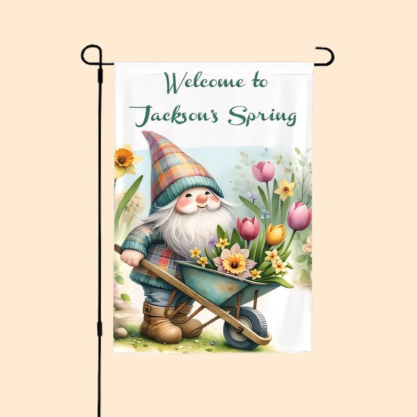 Drapeau de jardin personnalisé avec nom Gnome Décoration de jardin Cadeau de pendaison de crémaillère pour les amateurs de jardinage Fans de gobelins