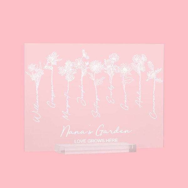 Gepersonaliseerde Liefde Groeit Hier Geboortebloem Acryl Plaquette met Namen Moederdag Verjaardagscadeau voor Moeder Oma