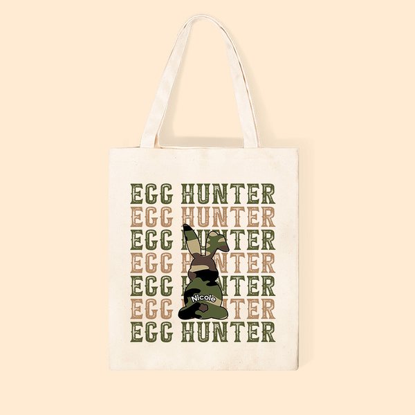 Personlig kamuflasje Egg Hunter Canvas Tote Bag Gjenbrukbar påskehare Shopping Essential Gave til familievenn