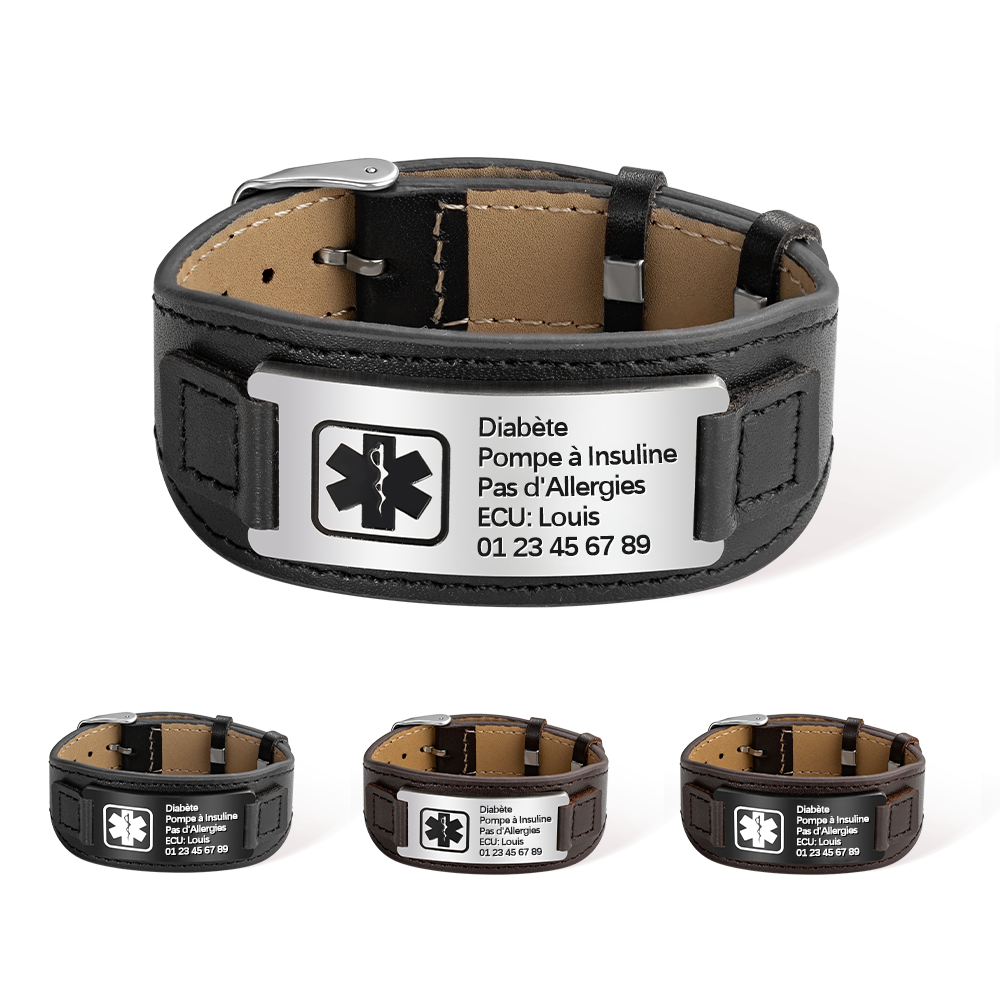 Bracelet d'Alerte Urgente Médicale Bracelet en Cuir Réglable Personnalisé avec Texte Gravé Cadeau pour Homme Femme
