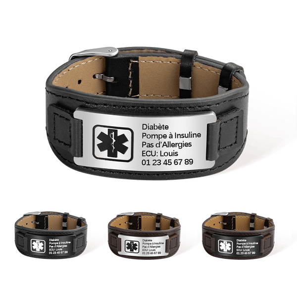 Bracelet d'Alerte Urgente Médicale Bracelet en Cuir Réglable Personnalisé avec Texte Gravé Cadeau pour Homme Femme