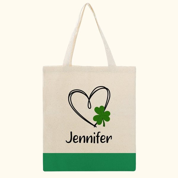 Gepersonaliseerde Geluksvogel Hart Shamrock Canvas Tas met Naam St. Patrick's Day Verjaardagscadeau voor Meisjes Vrouwen