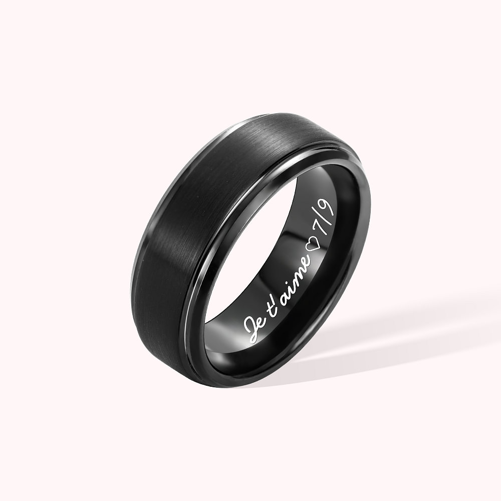 Bague Noire en Tungstène Personnalisée avec Texte Gravé à l'Intérieur Cadeau d'Anniversaire Saint-Valentin Mariage pour Homme