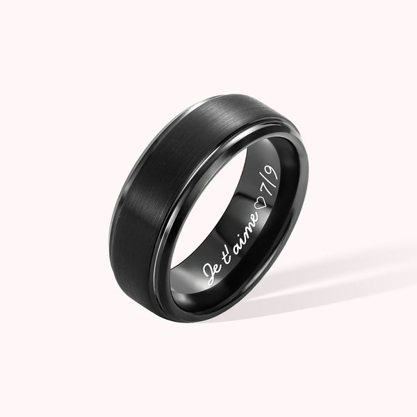 Bague Noire en Tungstène Personnalisée avec Texte Gravé à l'Intérieur Cadeau d'Anniversaire Saint-Valentin Mariage pour Homme