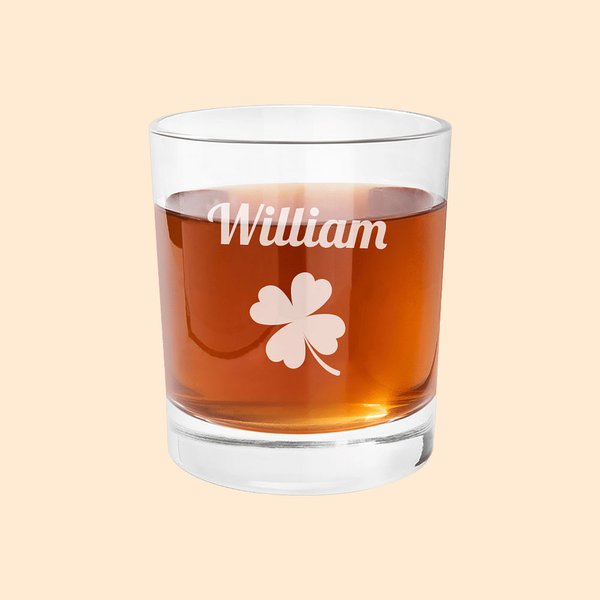 Gepersonaliseerde Lucky Four Leaf Clover 10oz Whiskeyglazen met naam t. Patrick's Day Verjaardagscadeau voor mannen drankliefhebber