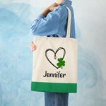 Personalised Lucky Heart Shamrock Canvas Tote Bag with Name St. Patrick's Day Birthday Gift for Girls Women