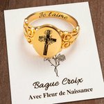Bague Chrétien Baptême Signet Personnalisé avec Motif Croix Fleur de Naissance et Gravure Bijoux Cadeau Anniversaire