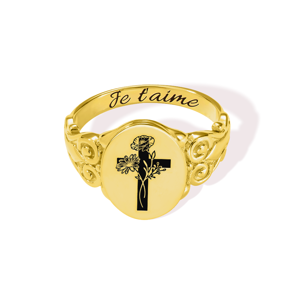 Bague Chrétien Baptême Signet Personnalisé avec Motif Croix Fleur de Naissance et Gravure Bijoux Cadeau Anniversaire