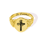 Bague Chrétien Baptême Signet Personnalisé avec Motif Croix Fleur de Naissance et Gravure Bijoux Cadeau Anniversaire