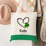 Personalised Lucky Heart Shamrock Canvas Tote Bag with Name St. Patrick's Day Birthday Gift for Girls Women