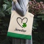 Personalised Lucky Heart Shamrock Canvas Tote Bag with Name St. Patrick's Day Birthday Gift for Girls Women
