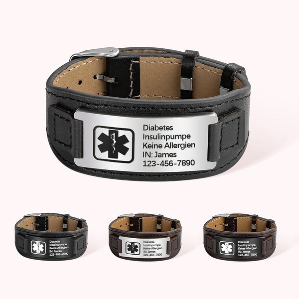 Personalisiertes Einstellbares Leder-Notfallarmband medizinische Alarm mit Gravur für Herren Damen