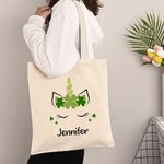 Personalised Shamrock Fantasy Unicorn Canvas Tote Bag with Name St. Patrick's Day Birthday Gift for Kid Girl