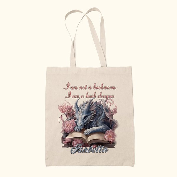Personalised Floral Book Dragon Canvas Tote Bag with Name Birthday Gift for Readers Dragon Lovers