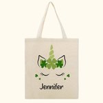 Personalised Shamrock Fantasy Unicorn Canvas Tote Bag with Name St. Patrick's Day Birthday Gift for Kid Girl
