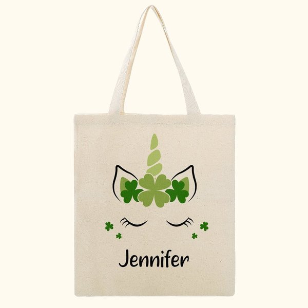 Shamrock Unicorn Canvas Tote Bag with Name - St. Patrick's Day Gift