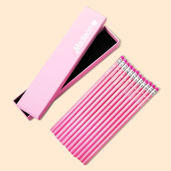 Caja de 12 lápices HB personalizados con nombre y goma de borrar Juego de papelería rosa Regalo de vuelta al cole para niños Niñas