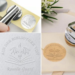 Personalisiertes Buchpräger Prägestempel Siegel Bücherwurm Buch Drache aus der Bibliothek Geschenk für Buchliebhaber