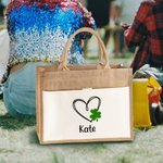 Personalized Lucky Shamrock Heart Jute Canvas Tote Bag with Name St. Patrick's Day Bridal Party Gift for Girls Women