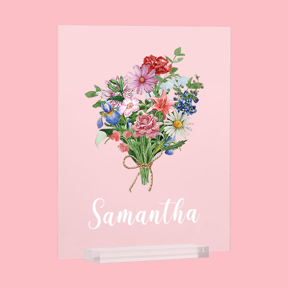 Bouquet de fleurs de naissance personnalisé Plaque acrylique Thème familial Décoration de maison vintage Anniversaire Cadeau pour Maman Grand-mère