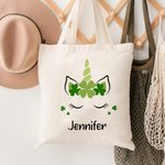 Personalised Shamrock Fantasy Unicorn Canvas Tote Bag with Name St. Patrick's Day Birthday Gift for Kid Girl