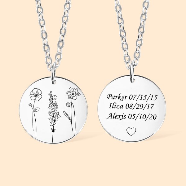 Personalized Birth Flowers Necklace with 1-4 Engraved Names Anniversary Mother's Day Gift for Her