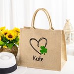 Personalized Lucky Shamrock Heart Jute Canvas Tote Bag with Name St. Patrick's Day Bridal Party Gift for Girls Women