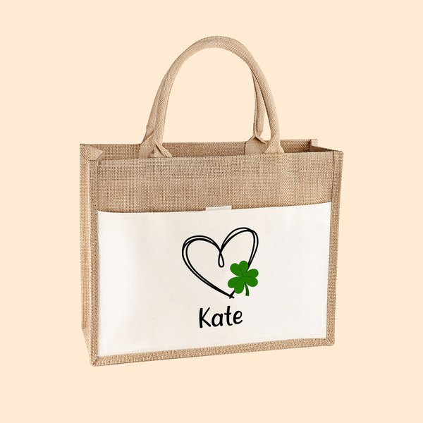 Personalized Lucky Shamrock Heart Jute Canvas Tote Bag with Name St. Patrick's Day Bridal Party Gift for Girls Women