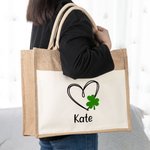 Personalized Lucky Shamrock Heart Jute Canvas Tote Bag with Name St. Patrick's Day Bridal Party Gift for Girls Women