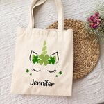Personalised Shamrock Fantasy Unicorn Canvas Tote Bag with Name St. Patrick's Day Birthday Gift for Kid Girl