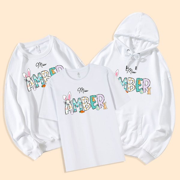 Conejito Personalizado Patrón Sudadera Sudadera con capucha Camiseta con nombre lindo Pascua Regalo para el Maestro