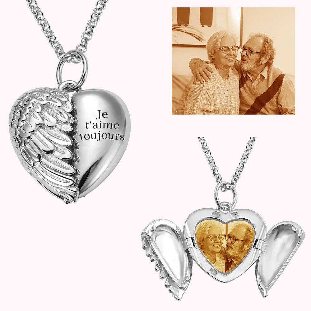 Collier Photo Pendentif Personnalisé avec Message Forme Coeur Ailes d'Ange Cadeau Anniversaire Fête pour Femme