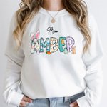 Personalized Bunny Pattern Sweatshirt Hoodie T-Shirt with Cute Name Easter Gift for Teacher