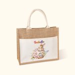 Personalized Cute Bunny Holding Flowers Jute Tote Bag with Name Easter Gift for Kids