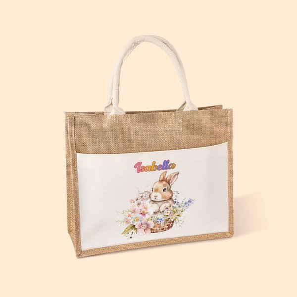 Borsa Tote personalizzata con il nome del coniglietto che tiene i fiori in iuta, regalo di Pasqua per bambini