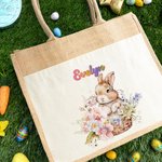 Personalized Cute Bunny Holding Flowers Jute Tote Bag with Name Easter Gift for Kids