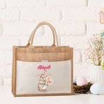 Personalized Cute Bunny Holding Flowers Jute Tote Bag with Name Easter Gift for Kids