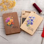 Personalized Watercolor Birth Flower Wooden Needle Storage Box with Magnet and Engraved Name Mother's Day Birthday Gift for Sewing Enthusiast