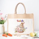 Personalized Cute Bunny Holding Flowers Jute Tote Bag with Name Easter Gift for Kids