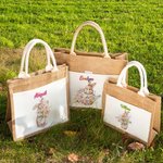 Personalized Cute Bunny Holding Flowers Jute Tote Bag with Name Easter Gift for Kids