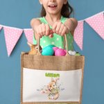 Personalized Cute Bunny Holding Flowers Jute Tote Bag with Name Easter Gift for Kids