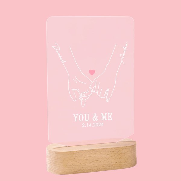 Personalised You & Me Couple Holding Hands Acrylic Plaque with LED Wooden Base Valentine's Day Gift Home Decor for Him Her