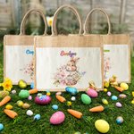 Personalized Cute Bunny Holding Flowers Jute Tote Bag with Name Easter Gift for Kids