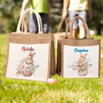 Personalized Cute Bunny Holding Flowers Jute Tote Bag with Name Easter Gift for Kids