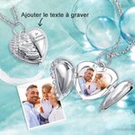 Collier Photo Pendentif Personnalisé avec Message Forme Coeur Ailes d'Ange Cadeau Anniversaire Fête pour Femme